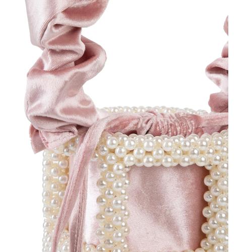 YUSHINY Women Faux Pearl Beaded Evening Pleuche Handle Bucket Hollow-Block Bags with Velvet Lining for Wedding Party