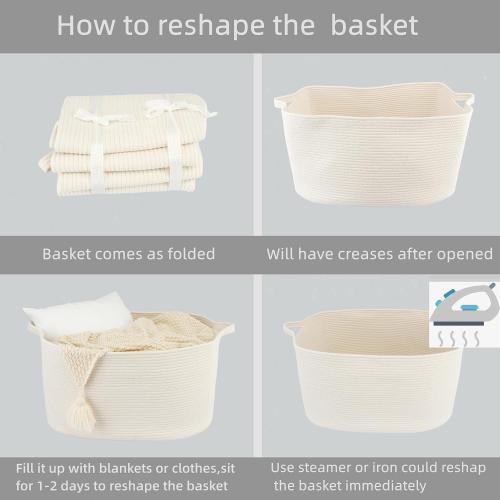 Large Rectangle Blankets Basket Living Room 22x17x12 Woven Cotton Rope Storage Baskets for Nursery Toy Baskets for Kids and Dogs Wicker Laundry Basket Bin for Clothes Towels white
