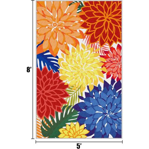Indoor Outdoor Area-Rug Washable Multicolored Patio Rug Tropical Botanical Modern Floral Indoor Outdoor Carpet Non-Slip for Patio, Deck, Backyard, Porch (5x8)