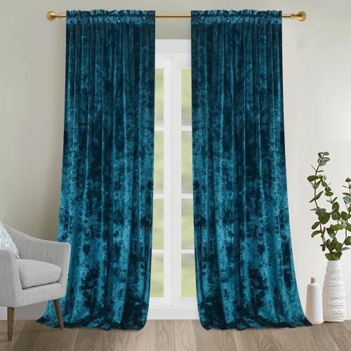 2pcs Size 52x63 Color Blue Luxury Crushed Print Peacock Velvet Curtains 63 inches Long Rod Pocket Thermal Insulated Blackout Window Drapes for Living Room/Bedroom/Dining Room, W52 x L63, 2 Pcs