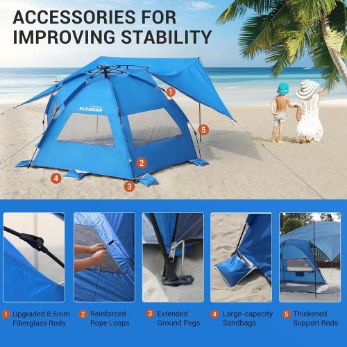 Elegear CumbreX™ Beach Tent with 360° Removable Canopy, 4-6 Person Pop Up Sun Shade Shelter, UPF 50  Automated Installation Double Silver Coating Portable Lightweight Beach Cabana for Beach/Outdoor