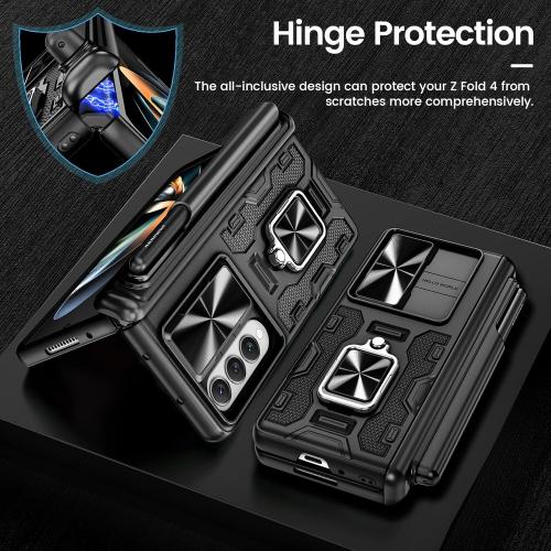 VEGO for Galaxy Z Fold 4 Case, with [S Pen Holder][Hinge Protection][360-degree Rotating Kickstand][Slide Camera Cover][Front HD Screen Protector] Protective Cover for Samsung Z Fold 4 - Black
