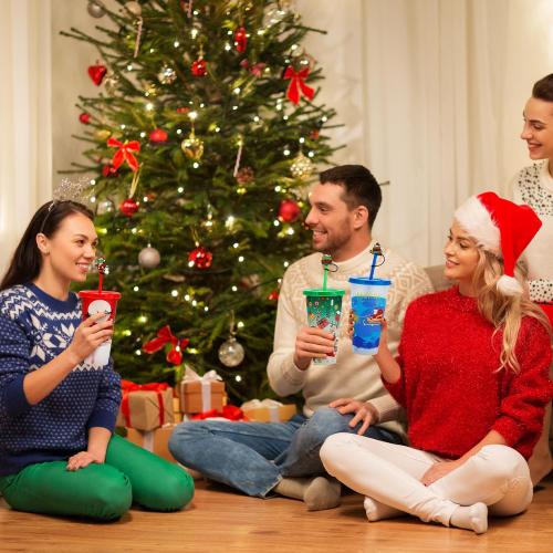 Christmas Color-Changing Cups 5-Pack – 24oz Reusable Plastic Tumblers with Lids, Straws & 5 Straw Covers for Merry Xmas, Holiday Parties & Secret Santa Gifts