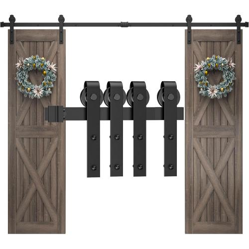 Double Barn Door Hardware Kit - 8 FT Steel Heavy Duty Rail Exterior Sliding Barn Doors Slide Track Roller Set with Floor Guide Fits 24 inch Wide Panel for Garages/Closets/Bedroom/Kitchen (Black)