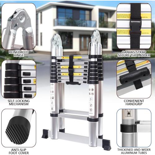 16.5 FT A-Frame Telescoping Ladder,8 8 Step Ladder,330LBs Load Capacity,Portable Extension Ladder Multi-Purpose Collapsible for Stairs Home Indoor Outdoor Roof (Silver, 5M(2.5m 2.5m)/16.5FT A Frame)