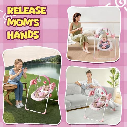 Portable Baby Swing, Pink Electric Infant Swing with 5 Speed Levels, 6 Songs & Timer   Battery-Powered Only (No Batteries Included) Pink and White