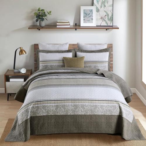 Color Grey 3 Piece King Bedspreads - 100% Cotton Oversized King Quilt with 2 Pillow Shams, Farmhouse Lightweight Stripe Bedspread Coverlet Sets, Brown/Gray/Beige