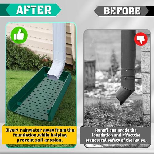 2 Pack Green Rain Gutter Downspout Splash Block, Extra-Wide Down Spout Extender, One-Piece Molding Design, Drain Gutter Guard Diverter, Thickened Gutter Splash Guard with Fixing Piles, Green