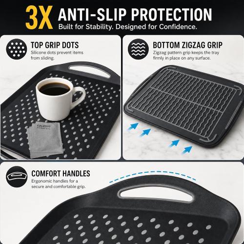 Large Nonslip Serving Tray with Handles, Silicone Grippy Dots Lap Food Trays for Eating, Dishwasher Safe Serve for Breakfast Dinner Snack Fruit Appetizers Beverage, Rectangular, Set of 2, Black
