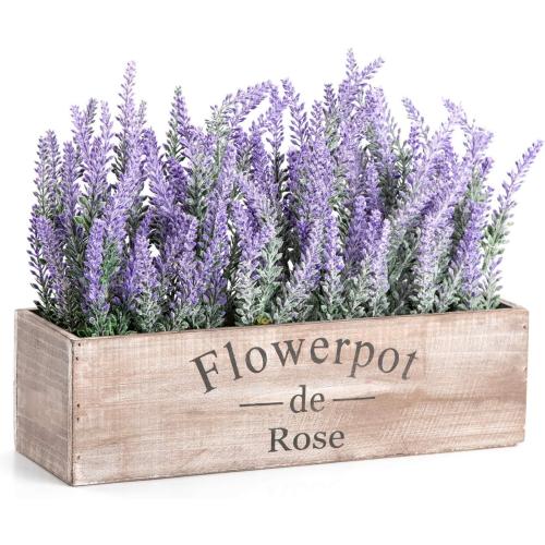 Velener Fake Lavender Plant with Decorative Tray Wooden Box 14- Spring Decorations for Home Office, Cottagecore Country Farmhouse Decor, Bathroom, Porch Decor, Purple Room, Faux Flower Indoor Garden