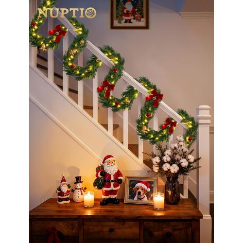 NUPTIO Christmas Norfolk Pine Garland: 6Ft Artificial Pre-Lit Cedar Garland for Mantle Fireplace Table Stair - Real Touch Greenery Decorations 30 LED Lights 12-Mode with Remote Timer for Door Wall