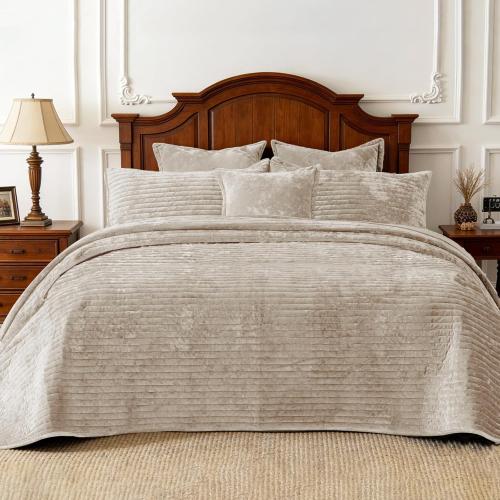 Quilt Set Oversized King Size 120x120 Luxurious Velvet Bedding Sets with 2 Pillow Shams 20x36 3 Pieces Ultra Soft Quilted Striped Bedspread Coverlet Comforter for All Season,Beige | for sensitive skin