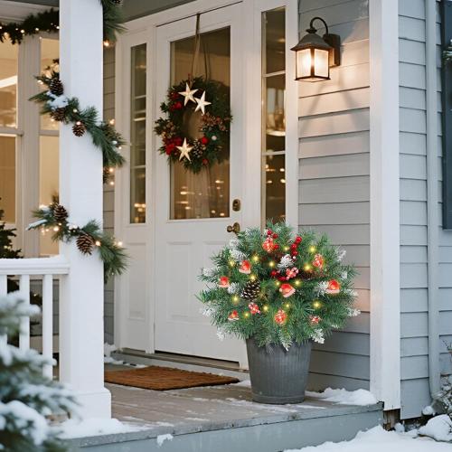 DR.DUDU 15 Inch Outdoor Christmas Decorations Urn Filler for Front Porch- Lighted Christmas Pot Fillers with Stake, Xmas Pine Trees with Timer for Outside Home Décor