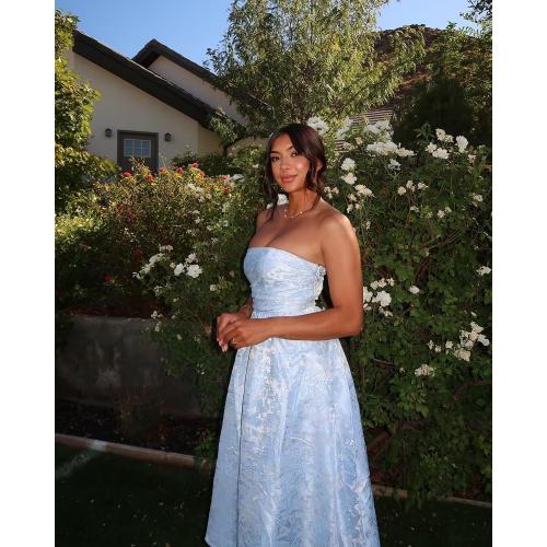 Jacquard Satin Prom Dresses Tea Length Sleeveless Tube Top Strapless Formal Evening Party Gowns