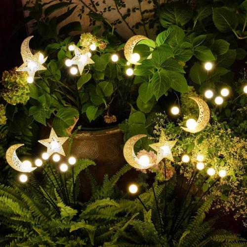 Solar Firefly Lights Outdoor Moon Star Sun Projection Stake Lights - Waterproof Solar Powered Garden Lights for Pathway, Yard, Patio Decor Warm White