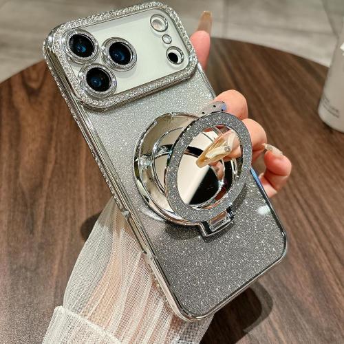 Changjia Magnetic Kickstand Glitter Case for iPhone 17 Pro,[Compatible with Magsafe] Cute Bling Sparkly Rhinestones with Camera Protector &Makeup Mirror Women Girls Case for iPhone 17 Pro 6.3, Silver