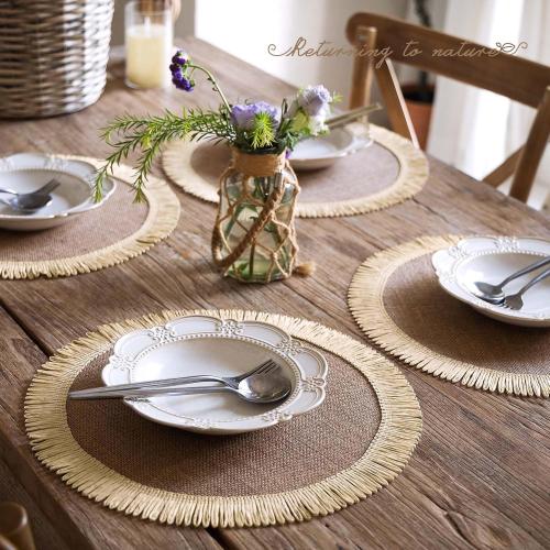 FunWheat  Round Jute Placemats Set of 6  Braided Burlap Table Mats for Dining Table, Heat Resistant Farmhouse Woven Placemats for Fall Farmhouse Decor (Coarse-Edged Sunflower)