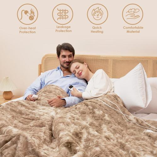 EHEYCIGA Electric Heated Blanket Queen Size Faux Fur, 10 Hours Auto Shut Off 9 Heating Levels Heating Blanket with Dual Control, Soft Warm Heated Blanket Fast Heating Camel, Faux Fur & Sherpa