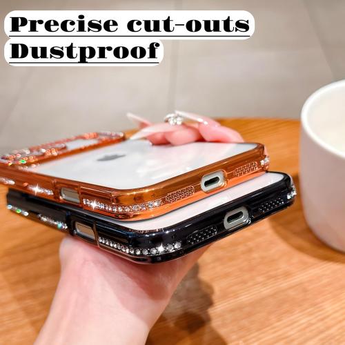 for iPhone 17 Pro Max Case Clear Glitter, Orange, Cute Luxury 3D Sparkly Bling Diamond Rhinestone Camera Lens Protector Soft Plating TPU Bumper Transparent Women Girls Phone Case for iPhone 17 Pro Max