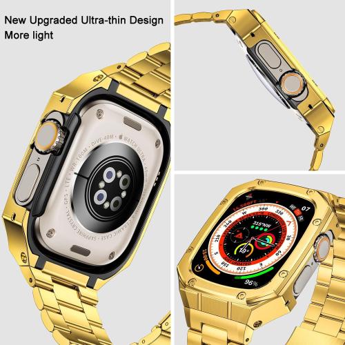 Stainless Steel Watch Band with Case Compatible with Apple Watch Ultra 3 2 1 band (49mm), Rugged Strap with Metal Protective Bumper Cover for iWatch Bands Men (Gold)