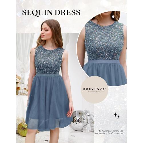 Size S BeryLove Sequin Dress Vintage A Line Wedding Formal Swing Tulle Dress Sleeveless Cocktail Mini Dress