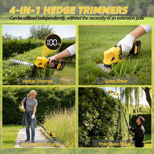4-in-1 Pole Hedge Trimmer & Grass Shear, 16FT Reach, Electric Bush Trimmer with Extension Pole, Cordless Shrub Trimmer with 180° Adjustable Angle, Brushless Motor, LCD Display, 4.0Ah Battery