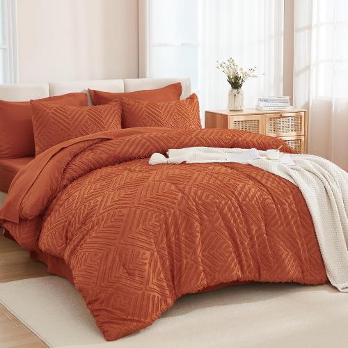 Andency Oversized King Size Comforter Set Burnt Orange - 7 Pieces Bed in a Bag Oversized King Boho Terracotta Bedding Comforter Sets, Rust Tufted Bed Set with Comforter, Sheets, Pillowcases & Shams