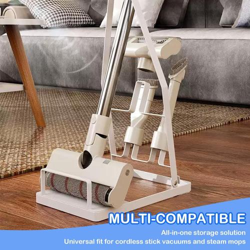 No-Drill Vacuum Cleaner Stand, Sturdy Metal Storage Rack with Large Base, Accessory Docking Station Holder, Compatible with Most Cordless Stick Vacuums, Home Organizer (White)