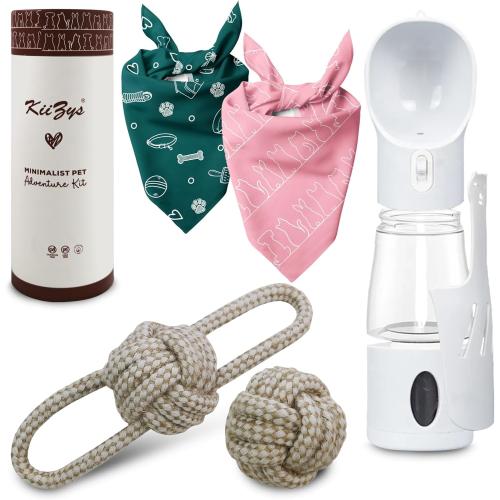 New Puppy Essentials - KiiZYs 4-in-1 Portable Dog Water Bottle - Pink Dog Bandana Green Scarf – Chew Toy Birthday Basket Pet Accessories