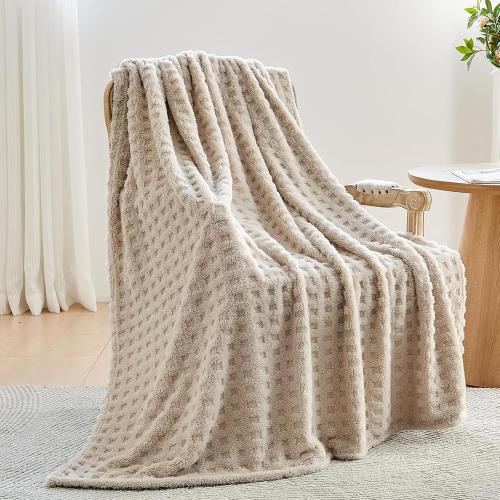 NEWCOSPLAY Super Soft Throw Blanket Linen Premium Silky Flannel Fleece 3D Waffle Checkered Lightweight Bed Blanket All Season Use (Linen, Throw(50x70))