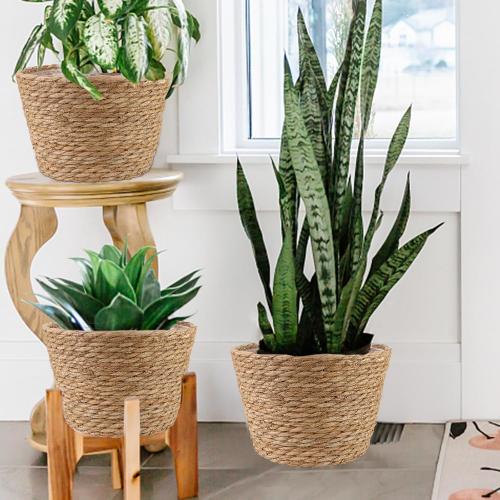 4 Pcs Large Premium Seagrass Planter Basket with Plastic Lining Natural Stylish Planter Baskets Indoor Outdoor Plants Woven Wicker Baskets for Plants Flower Pots Cover and Room Decor(10.2x7.5x7.5)