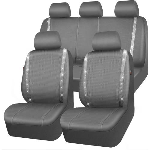 Color Grey CAR PASS Bling Car Seat Covers Full Set, Shining Glitter Rhinestone Diamond Waterproof Faux Leather Interior Sets Universal Fit Automotive Glitter Crystal Sparkle Strips for Cute Women Girl, Gray