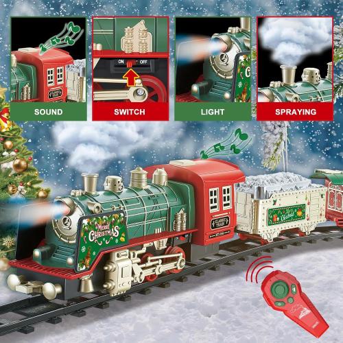 JUQU Electric Train Set for Kids Ages 3-8 – Remote Control Steam Locomotive Toy Train with Smoke, Lights, Sound & Tracks, Christmas Tree Train for Around or Under Tree