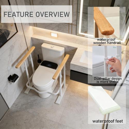 Toilet Safety Rails for Seniors - Toilet Safety Frame with Dual Pillars, Waterproof Nighttime Reflective Base, 3-Speed Height Adjustment (White, Double Pillar)