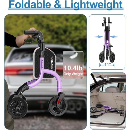 HOMLAND Foldable 3 Wheel Walkers for Seniors, Lightweight 10.4 lbs | with Cane & Cup Holder, Height Adjustable, 8'' big wheel, Purple