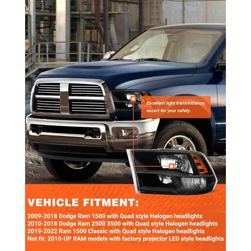 Fit 2010-2018 Dodge Ram 2500/3500 Headlamp Amber(Quad And Dual Style) for 09-18 Ram 1500 Black Housing Headlight Assembly with Reflector Replacement Left Right(Not included Bulbs)