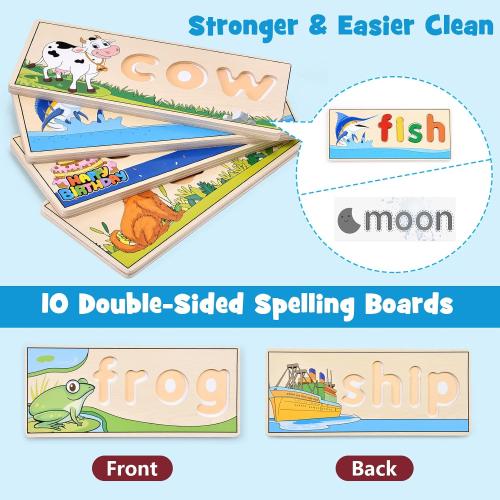 Atoylink Wooden Spell Learning Toys for 2 3 4 5 Year Old Kids Match Letter Spelling Game Board & Letters & Box, CVC Word Builder Toddler Educational Toy Kindergarten Preschool Learning Activities