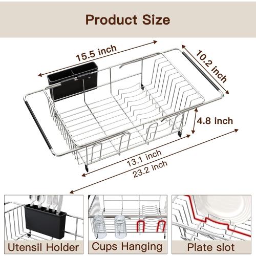 Over the Sink Expandable Dish Drainer Drying Rack In Stainless Steel for Small Kitchen, Counter Space Saving Modern Compact Metal Above Plate Dryer Strainer, Adjustable Hanging Inside Drain Holder