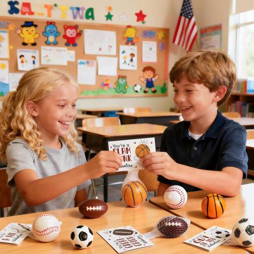 Valentines Day Gifts for Kids - 24 Pack Stress Balls with Valentines Day Cards for Kids School - Football Soccer Baseball and Basketball for Boys Girls Toddler Classroom Exchange Party Favors