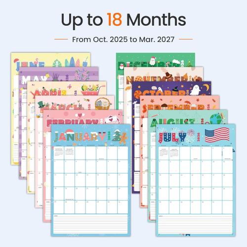 SUNEE Calendar 2026 18 Months Wall Calendar Oct. 2025 - Mar. 2027, 12x17 Big Hanging Calendar 2026 with Note, Past Month and Next Month for Organizing & Planning, Cute