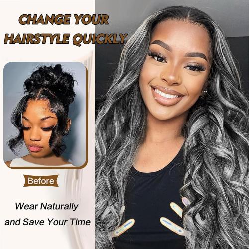 Body Wavy V Part Wig For Women Water Curly Black With Grey 24 Inch