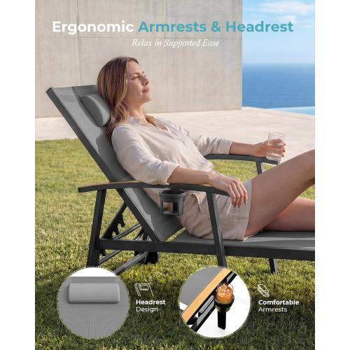 Ciokea Outdoor Lounge Chair with Pillow, 5-Position Aluminum Chaise Lounge with Wheels & Armrests, 400 lbs Heavy Duty Patio Pool Chair for Deck, Backyard, Beach & Poolside, Grey
