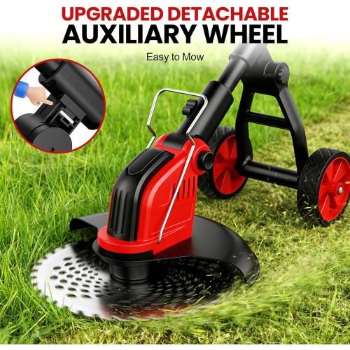 12-Inch Cordless Electric Weed Wacker, 2x3.0Ah 21V Battery Powered Weed Eater with Wheels, 800W Brushless Motor, Lawn Mower with 4 Types Blades, 20000RPM Brush Cutter Grass Trimmer for Garden Yard
