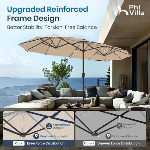 PHI VILLA 13ft Patio Umbrella with Solar-Powered 120 PCS LED Color-Changing Lights, Triple-Head Large Rectangle Umbrella Outdoor Patio for Table with Crank Lift,Beige(No Base)