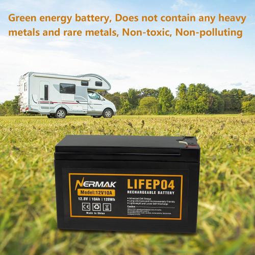 NERMAK 12V 10Ah Lithium LiFePO4 Deep Cycle Battery, 2000  Cycles Rechargeable Battery for Solar/Wind Power, Lighting, Power Wheels, Ride-on Toy, Fish Finder and More, Built-in 10A BMS