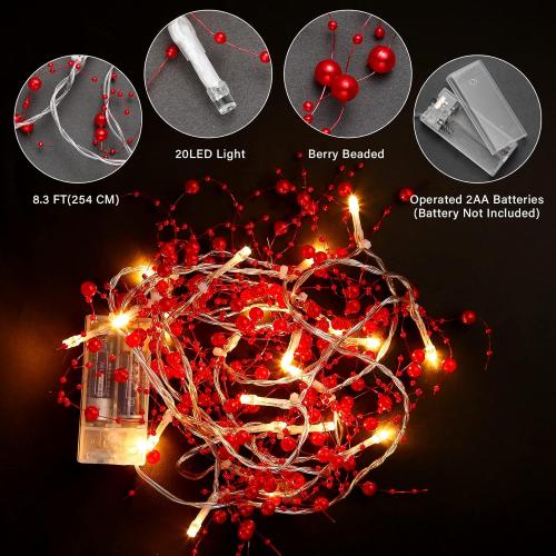VERY100 Christmas Garland with Lights 8.3 FT Festival Lighted Berry Beaded Garland Christmas Decorations for Indoor Home Mantel Fireplace Holiday Party Decor(Red)