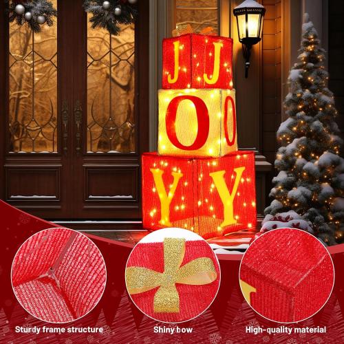 Honoson 3 Sets Extra Large Christmas Lighted Gift Boxes 8.1'' 10.5'' 12.5'' Joy Present Boxes Pre Lit with 100 Warm White Lights Christmas Decorations for Home Indoor Outdoor Garden Lawn