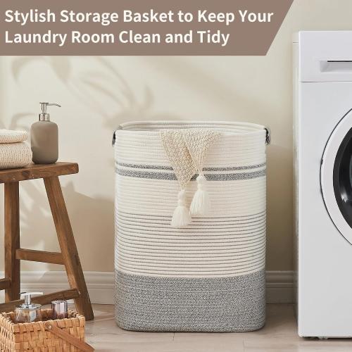 AINUOQI Laundry Basket with Handles - Blanket Basket & Hampers for Bedroom Aesthetic, Laundry Hamper & Blanket Storage for Living Room, Clothes Hamper, Tall, Large 17 x 14 x 22”, Grey & White