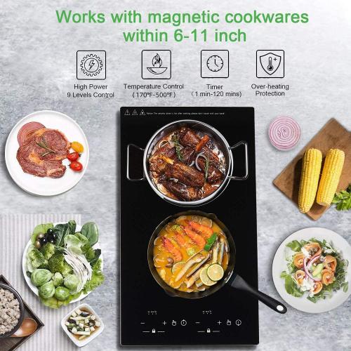 12“ Induction Cooktop, Double Induction Cooktop 2 Burner 110v-120v Electric Stove Top, Countertop and Built-in, 9 Power Levels, Child Lock, 120 Mins Timer