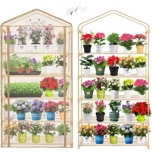Beige Garden 50% Extra Wide Mini Greenhouse 5 Tier Portable Plant Green House 40 in Wide -Sturdy Gardening Shelves with PE Cover & Roll-Up Zipper Door-19″W. x 40″L. x63″H(PLGH1005OWP)